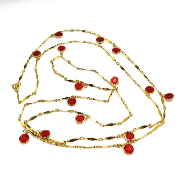 Vintage Red Crystal Dangle Necklace, 50 Inches Length, 1970s - Picture 1 of 10